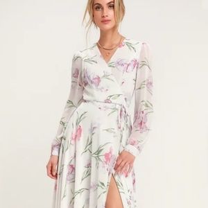 Lulu's Loving You White Floral Print Long Sleeve Wrap Maxi Dress